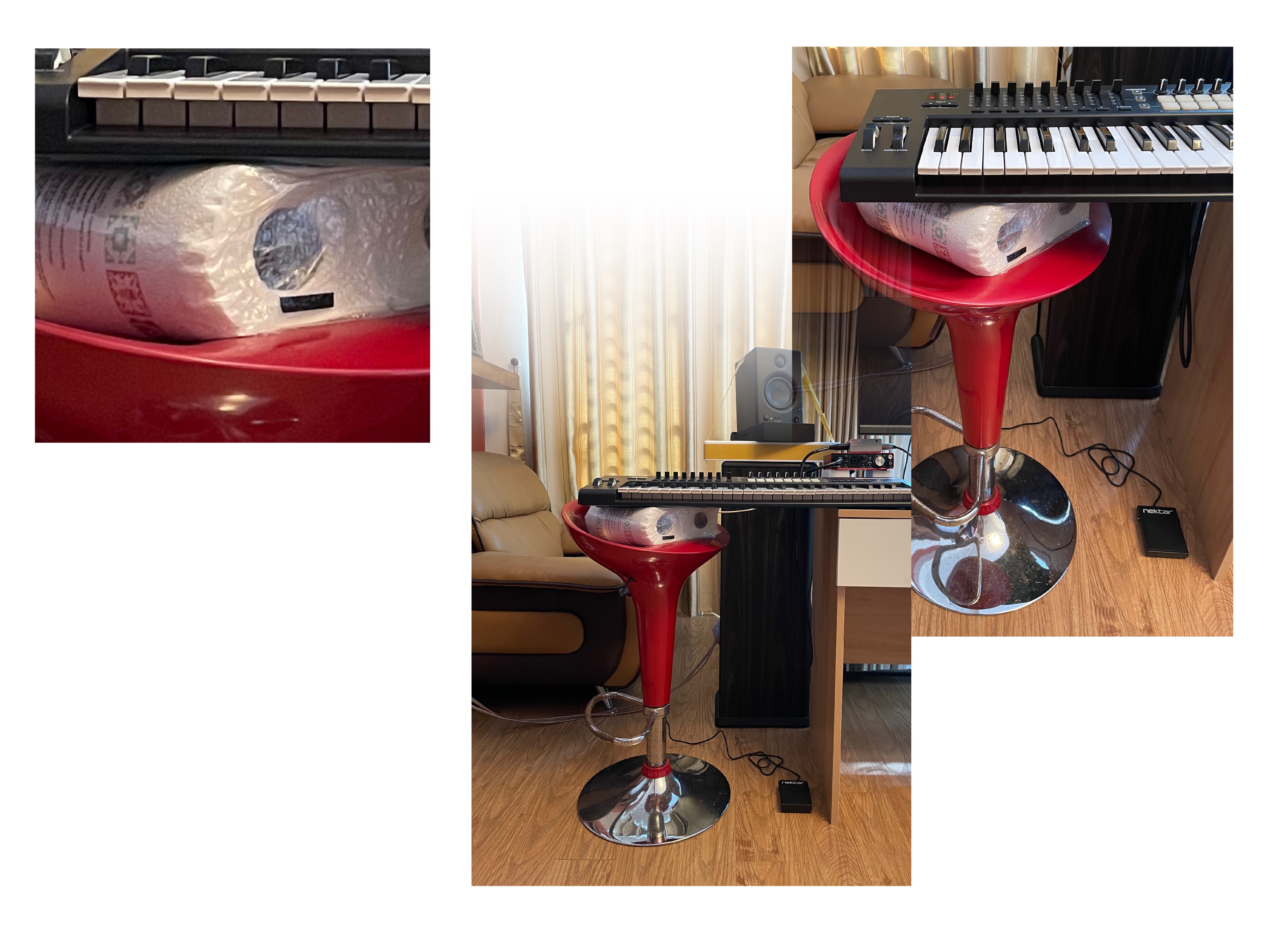 A red barstool with a package of paper towels on it is placed by a desk. An electric keyboard is supported on the left by the paper towels, and on the right by the desk. It's a makeshift piano stand. The room is brown.